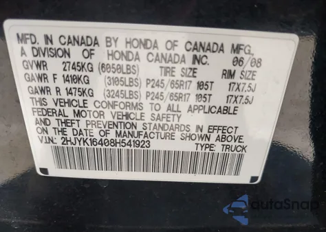 2008 Honda Ridgeline Rts from USA, damaged, VIN 2HJYK16408H541923